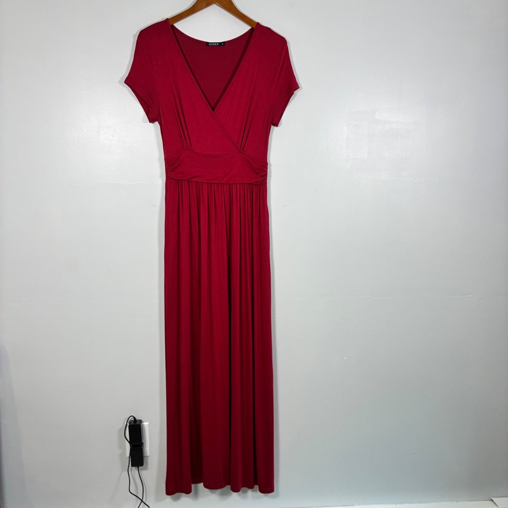OUGES Maxi Dress M Empire Waist Ruched Boho Travel Flowy Stretchy